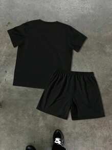 SHEIN 2 件套年轻男孩休闲简约圆领短袖 T 恤和短裤，适合夏季 - 彩色 - 查看 4