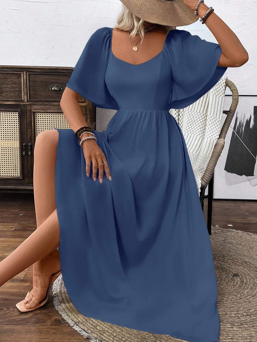 SHEIN LUNE Clasi Breezaya 女式淡蓝色波西米亚风方形优雅领口浪漫毕业生日礼服音乐会服装海滩女士服装泡泡袖露背蝴蝶结连衣裙带蝴蝶结春夏超长度假柔软面料荷叶边袖长裙 - 藏蓝色 - 查看 1
