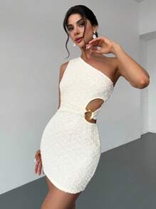 Firerie 女士杏色纹理单肩金属装饰镂空修身迷你连衣裙、夏季度假连衣裙、性感女士连衣裙、派对连衣裙、春夏服装、沙滩装、通勤、优雅、性感、度假、海滩、波西米亚、夏威夷、约会、派对、音乐节、毕业典礼、舞会 - 杏色 - 查看 7