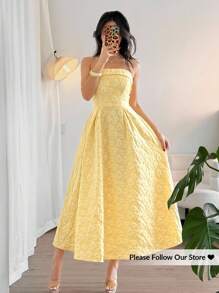 Firerie Women's Elegant Romantic Textured High Waist A-Line Midi Dress, Strapless, Yellow, Suitable For Dating, Vacation, Party, Butter Yellow, Vacation Outfits Woman - Yellow - View 2