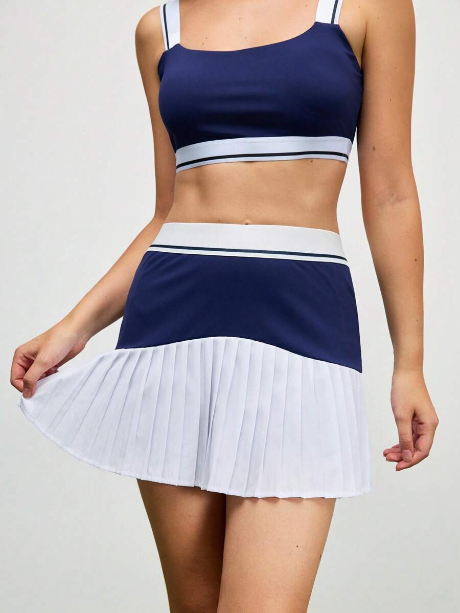 SHEIN Sports Women's Contrast Color Pleated Hem Pockets Cheerleader Sports Skort - Blue - View 1