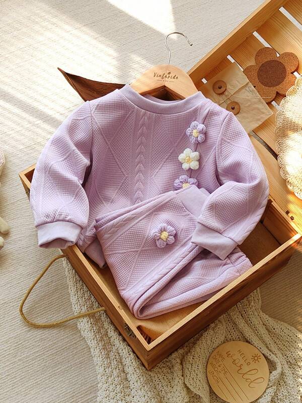 Vintaside Kids 2pcs Baby Girls' Countryside Style Purple T-Shirt And Sweatpants Set,Cute Autumn Matching Family Outfits,Comfortable For Daily Wear Fall Winter