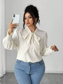 Elenzga Plus Size Solid Floral Bow Elegant Regular Fit Women Shirt, Autumn/Winter Fall Cloth For Women