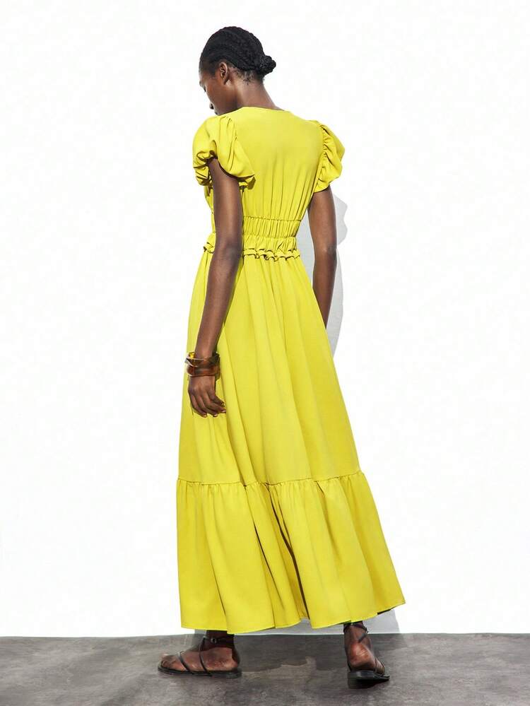 SHEIN Maija Women's Autumn/Winter Elastic Waist Shirred Puff Sleeve Flared Hem Sundress, Loose & Comfortable Business Casual Elegant Dress, Suitable For Christmas, Halloween Party, Gathering