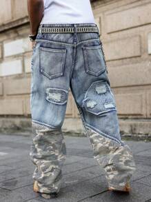 Manfinity Roghcode Casual Distressed Camouflage Patchwork Wide Leg Loose Fit Jeans, American Streetwear Style Baggy Ripped Jeans Men Camo Jeans Men Streetwear Jeans - Blue - View 2