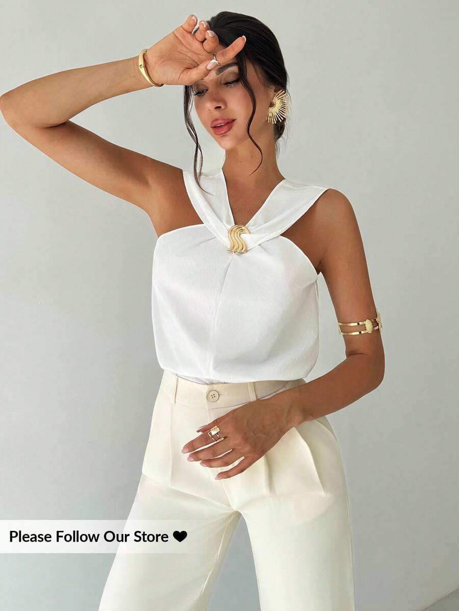 Firerie 女士金属扣装饰 V 领上衣，优雅通勤度假女士上衣，春夏服装，海滨，通勤，优雅，性感，度假，海滩，波西米亚风，夏威夷，音乐节，浪漫，约会，工作装