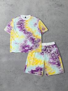 ROMWE MEN Casual Set de 2 piezas: Camiseta de manga corta con efecto teñido anudado y pantalón corto con cordón para hombre - Multicolor - Ver 1