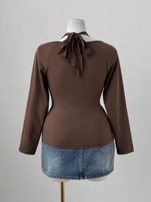 Sunspun Áo thun nữ cổ vuông, nhún bèo, tay dài, ôm sát, khoét kim loại, màu nâu thanh lịch, cổ điển, thường ngày - màu nâu - Xem 2