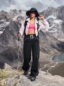 SHEIN Essnce 女式抽绳腰阔腿宽松百褶休闲百搭牛仔裤 - 黑色 - 查看 5