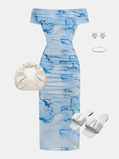 SHEIN Girlism Tween Girl Casual Minimalistisk Bekväm Bara Axlar Midiklänning med Åtsittande Midja