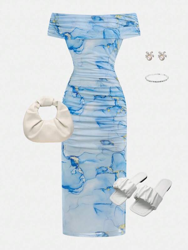 SHEIN Girlism Vestido midi ajustado de hombros descubiertos, cintura ceñida y estilo minimalista cómodo para niña preadolescente