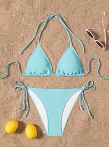 SHEIN Swim 2件套女士2025夏季海滩纯色露背性感比基尼泳装