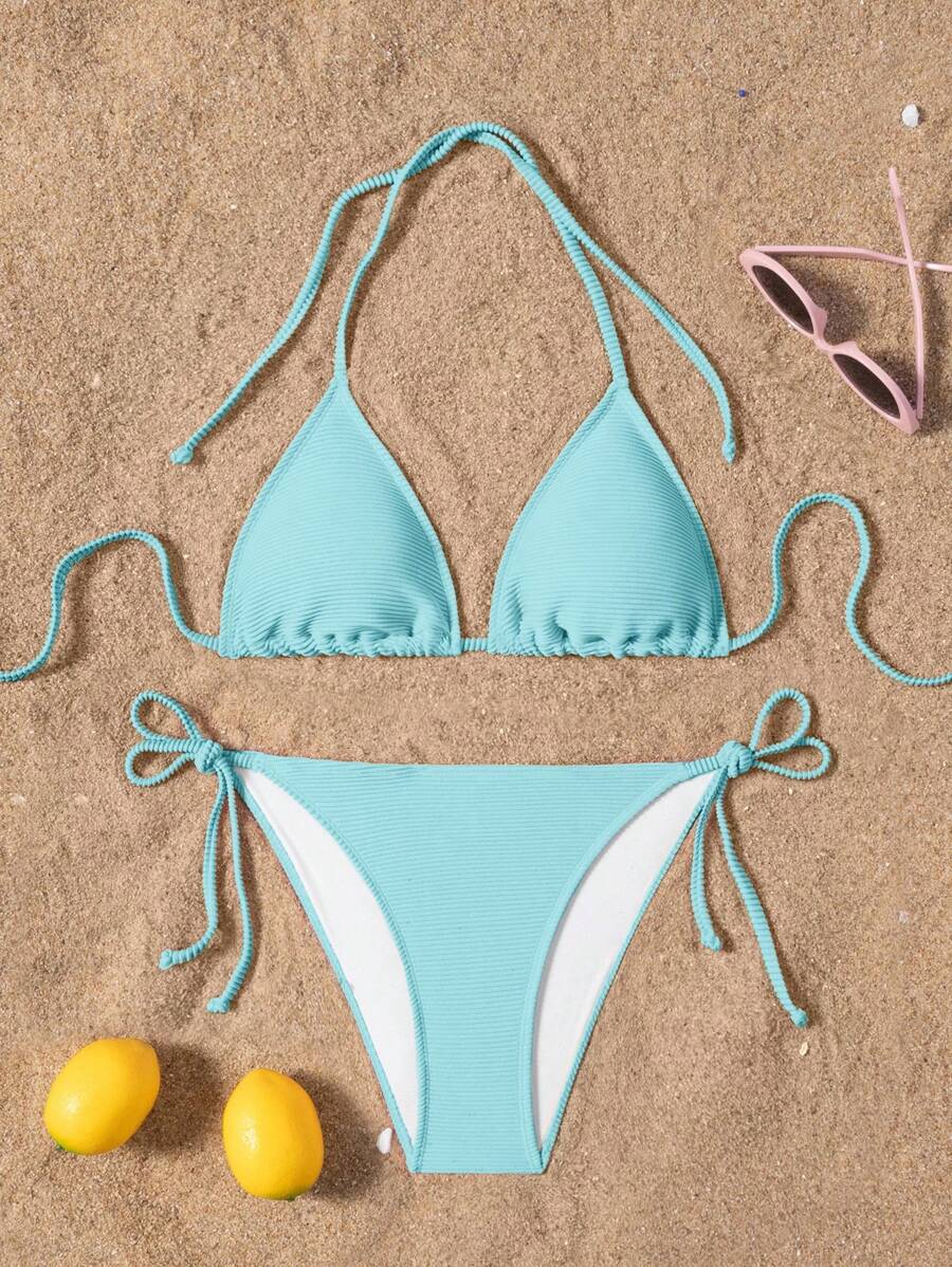 SHEIN Swim 2件套女士2025夏季海滩纯色露背性感比基尼泳装