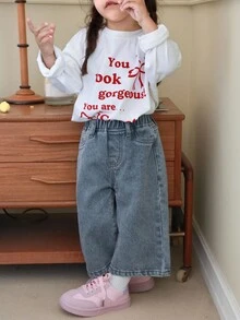 Dazy Kids Baby Girls' Casual Bow Embroidery Korean Style Long Denim Jeans,Toddler Fall Clothes