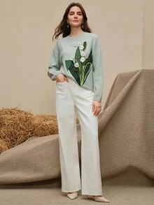 Anewsta Women's French Elegant Dignified Handmade 3D Lily Flower Crochet Embroidery Drop Shoulder Long Sleeve Sweater - Mint Green - View 5