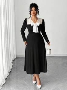 Elenzga Große Größen Schleife Perle Chiffon einfarbiges schlank geschnittenes A-Linien Langarm Kleid für Frauen - Schwarz - Übersicht 4