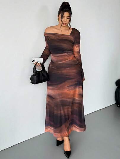 Firerie 大码女式黑色情人节浪漫透视长款不对称肩纯色网眼超长连衣裙，修身长袖扎染网眼飘逸不对称肩连衣裙，新款女士秋季