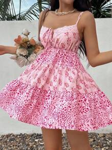 Flirla Women's Holiday Casual Leopard Print Patchwork Floral Mini Dress, Contrast Color Spaghetti Strap - Pink - View 1