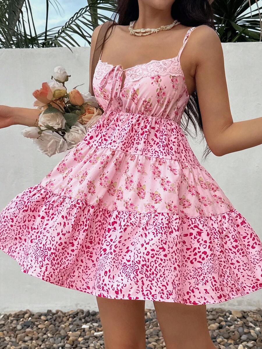 Flirla Women's Holiday Casual Leopard Print Patchwork Floral Mini Dress, Contrast Color Spaghetti Strap - Pink - View 1