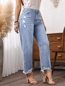 SHEIN Tall 高个子时尚做旧毛边水洗牛仔裤 - 淺色水洗藍 - 查看 4