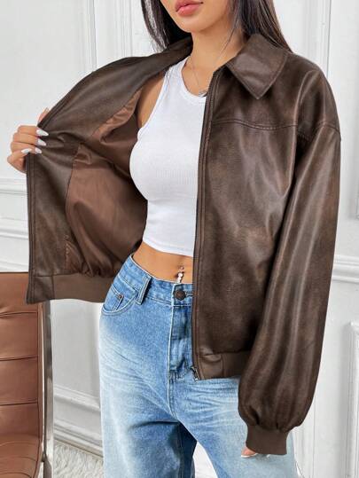 SHEIN EZwear ז'קט עור בסגנון וינטג' חדש לנשים עם שרוולים ארוכים, רוכסן מלפנים, ז'קט קז'ואל רופף, חום, ז'קט עור לנשים בסתיו/חורף