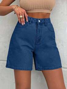 EURMUSE 100%Cotton LIGHT WASH HIGH WAIST SHORT - Dark Wash - View 5