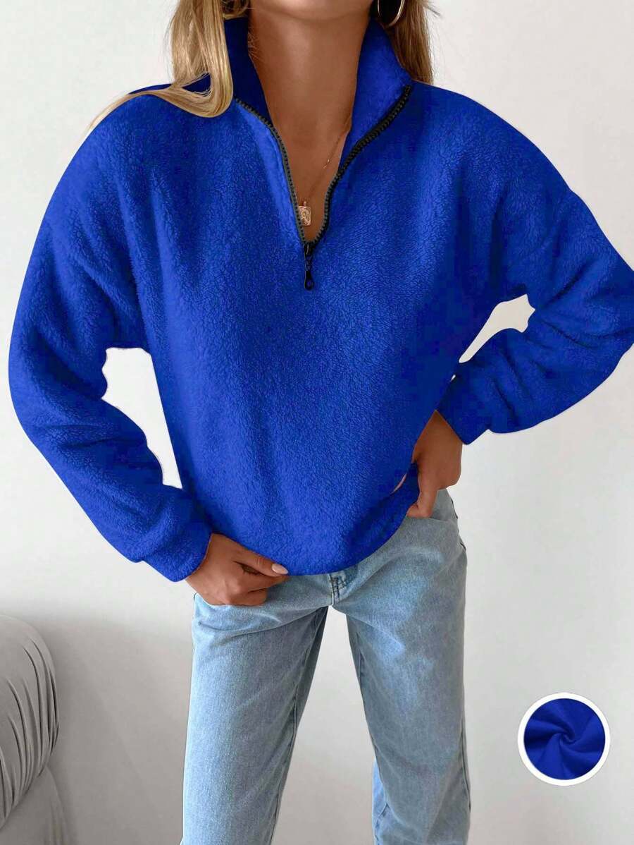 SHEIN Cottnline 女士純色下垂肩半拉鍊毛絨衫 - 寶藍色 - 查看 1
