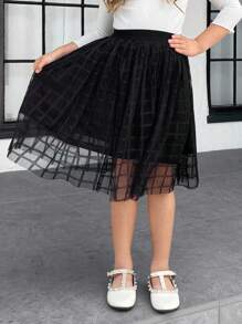 SHEIN Young Girl Elegant High Waist Plaid Mesh Midi Skirt With Lining, Perfect For Vacation - Black - View 4