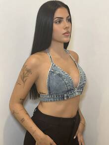 Lucia Bellido Tie Backless Crop Denim Top - Light Wash - View 6