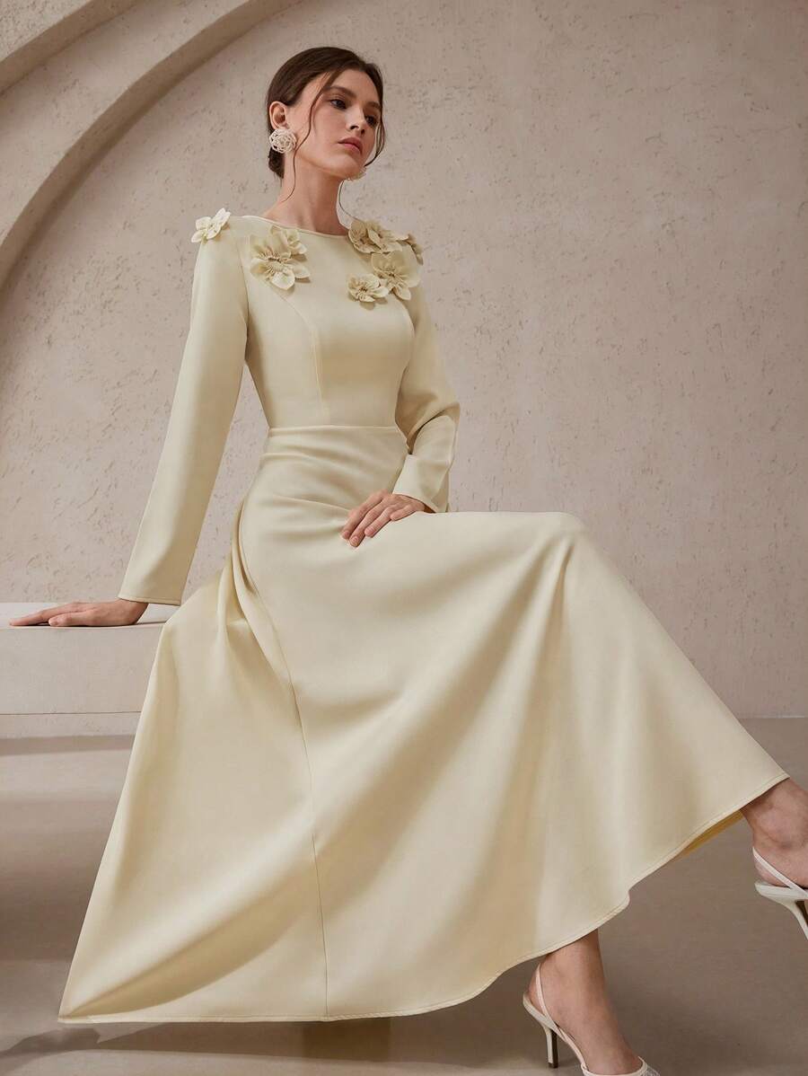 Modelyn 女式纯色圆领插肩袖花卉装饰连衣裙 - 淡黃色 - 查看 1