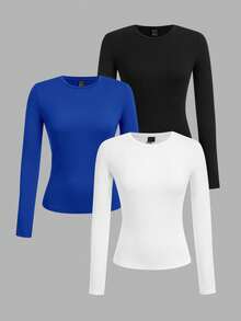SHEIN EZwear 3 Stücke Damen Rundhals Lässig Fitted Langarm T-Shirt Set, geeignet für Frühling, Herbst und Winter - Verschiedenfarbig - Übersicht 1