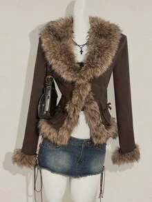 SHEIN ICON Women's Autumn And Winter Warm Hot Girl Y2K Millennial Style Fashionable Sexy Modern Urban Street Avant-Garde Brown Woven Splicing Fur Collar Waist Three-Dimensional Pocket Jacket - Brown - View 4