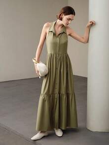 Uhlyne 女士优雅度假休闲户外日常无袖露背纽扣豌豆绿色梭织连衣裙 - 灰綠 - 查看 5