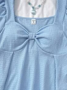 SHEIN 少女夏日阳光甜美休闲舒适荷叶边袖提花针织T恤，家居服，少女装，情人节，适合派对 - 淺藍色 - 查看 7
