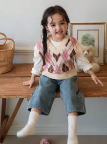 Dazy Kids 女婴拼色钻石图案V领针织背心，秋冬，幼儿秋季服装 - 彩色 - 查看 5