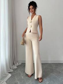 Siren Gaze 2-Piece Set Women's Minimalist Sleeveless Button-Up Knit Vest And Trousers Set For Autumn (New Autumn Style) For Everyday Wear,Teacher Outfits For Women,Fall Clothes For Women,Lounge Sets For Women, Old Money Style Women , Beige Two Piece Set, Elegant Two Piece Set         Two Piece Pant Set      Knit Two Piece Set Winter Casual - Apricot - View 1