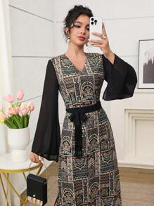 Yasmyna 喇叭袖雪纺长袖优雅亮片刺绣阿拉伯女式连衣裙 - 黑色 - 查看 1