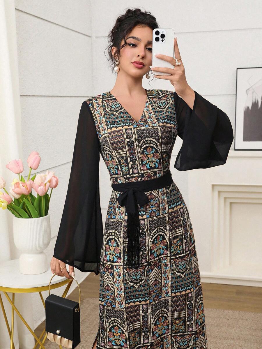 Yasmyna 喇叭袖雪纺长袖优雅亮片刺绣阿拉伯女式连衣裙 - 黑色 - 查看 1