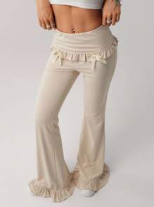 SHEIN ICON Women's Western Khaki Boho Casual Low Waist Pants With Bow Decor Flared Women Jeans