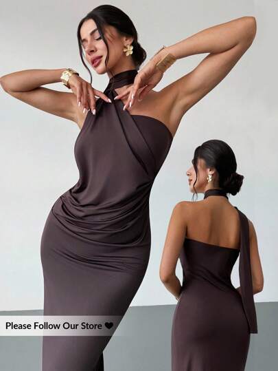 Firerie Women's Mocha-Colored Asymmetrical Halter Neck Strapless Dress With A Flowing Collar. A Fashionable And Casual Spring/Summer Dress, Suitable For Commuting, Elegance, Sexiness, Vacation, Beach, Bohemian Style, Hawaiian Style, Music Festivals, Parties, And Work Occasions.