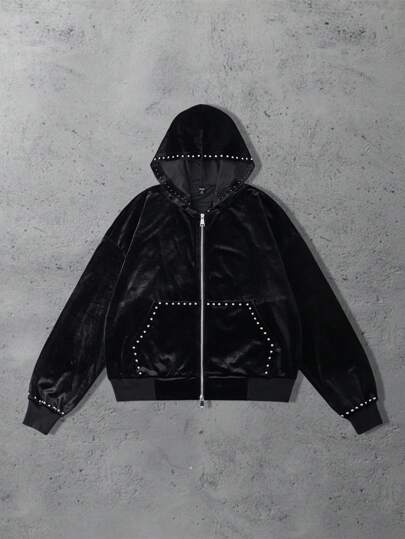 Street Life Sudadera de terciopelo con remaches para hombres, estilo corto y holgado, otoño