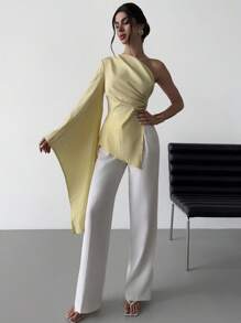 Firerie 女士优雅新款时尚沙滩度假休闲单肩超长袖褶皱金属装饰黄色衬衫，奶油黄，度假 - 黃色 - 查看 9