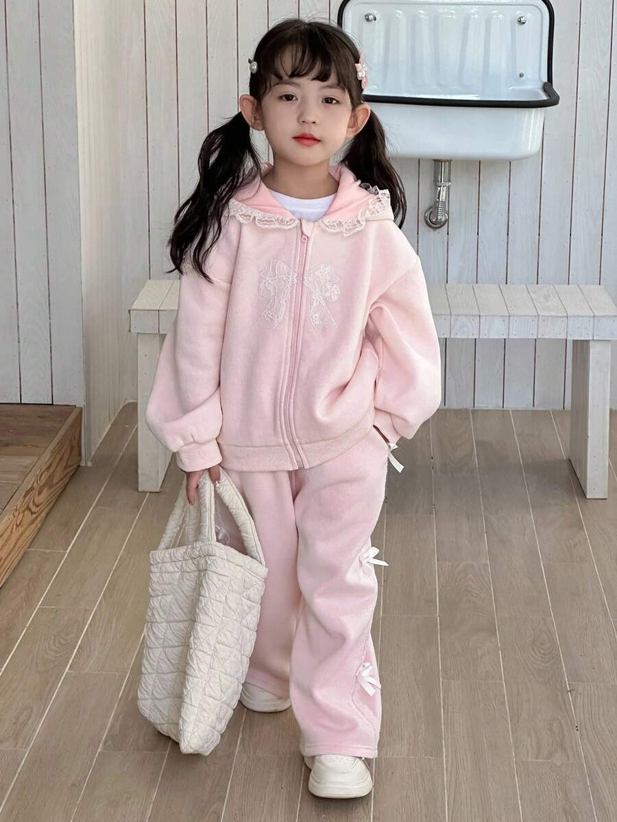 DAZY 2pcs Young Girls Hooded Bow Lace Cute Fresh Long Sleeve Sweatshirt And Loose Casual Pants Set Fall,Winter - Grey - View 1