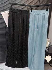 Franclia High Waist Rhinestone Satin Elastic Waist Tied Loose Draping Straight-Leg Pants Fall Cloth For Women - Blue - View 2