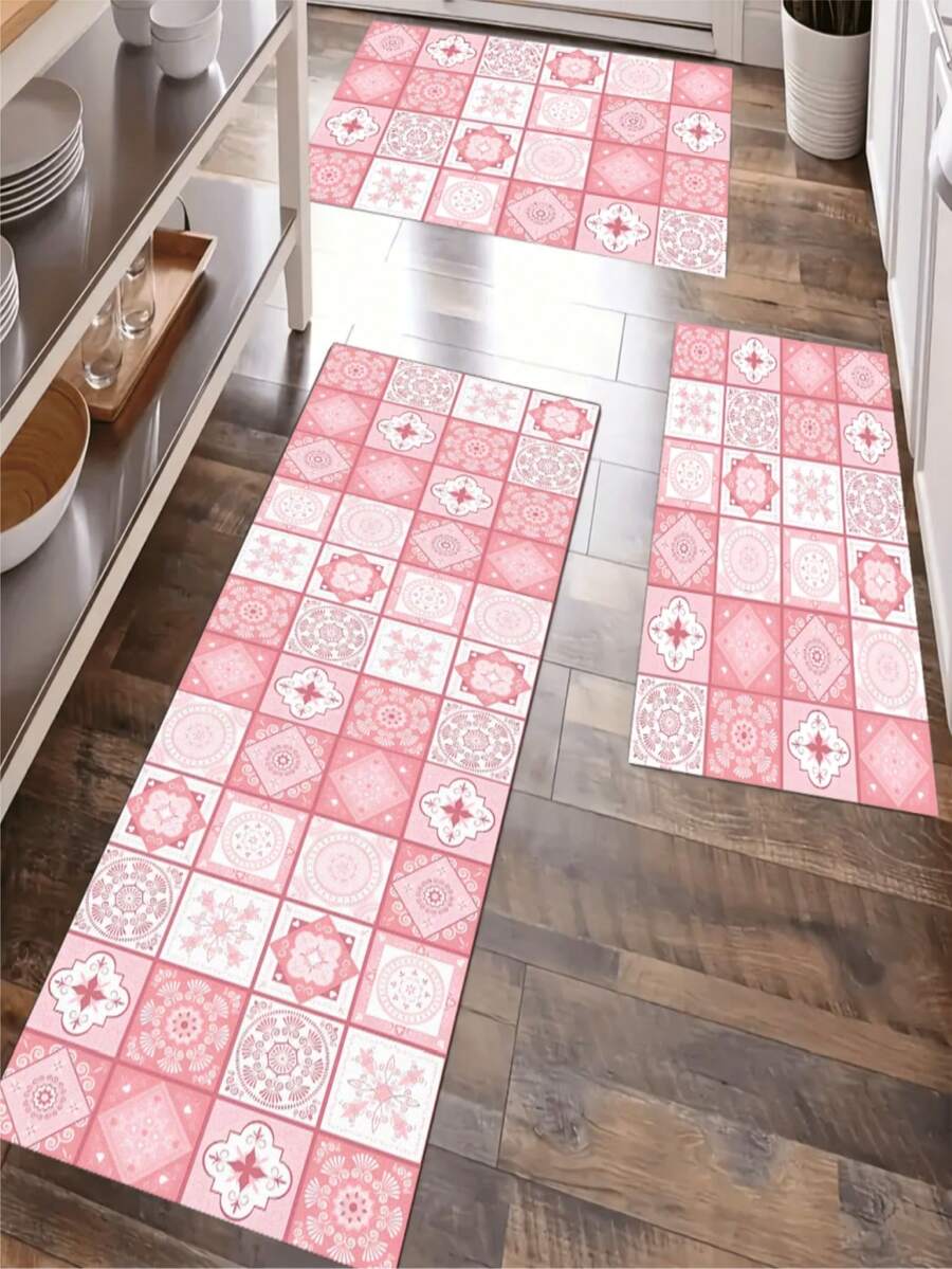 SHEIN 1pc Home Decor, Pink Floral Tile Print Boho Style Diatomite Kitchen Rug, Water-Absorbent, Anti-Slip, Stain-Resistant Kitchen Mat - Great For Farmhouse, Entryway, Indoor, Room Decor, Kitchen, Dining Room, Small Office/Home Office, Sink, Laundry Room