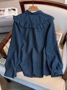 Regalyn Plus Size Solid Color Denim-Like Fabric Ruffle Collar Blouse, Regular Fit Women Shirt, Autumn/Winter Fall Cloth For Women