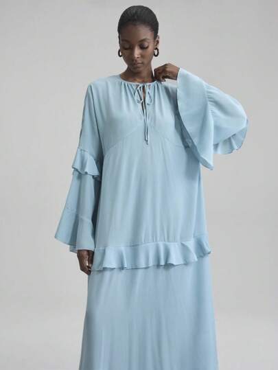 Ontre Women's Long Sleeve Ruffle Trim Dress, Beach Holiday Outfit, Bohemian Island Resort Music Festival Halloween Christmas Party Elegant Dress Elegant And Intellectual Female Wedding Guest Dress Outfit And Beautiful French Slouchy High-End Sense Of Intelligence And Elegance Old Money Style Cruise Clothing Vacation Wear All-Season Modern Vacation Nomadic Casual Fashion All-Match Women's Country Concert Clothing Western Style Women's Clothing