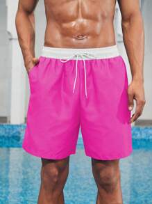 Manfinity VDAYZ Men's Contrast Color Drawstring Waist Casual Beach Shorts - Hot Pink - View 3