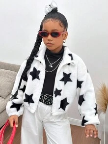 SHEIN Tween Girl Thick Fleece Star Print Cardigan Jacket, Heart Print Crew Neck, Casual Autumn/Winter Fall - White - View 2