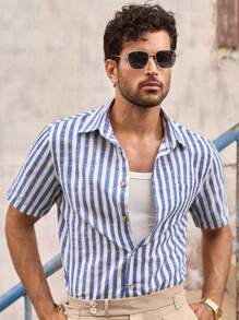 Manfinity VCAY 男士休闲梭织条纹修身短袖衬衫，适合日常穿着，男装，基础款，蓝色衬衫，蓝色衬衫男士蓝色条纹衬衫男士夏季衬衫男士条纹衬衫男士度假装男士短袖衬衫